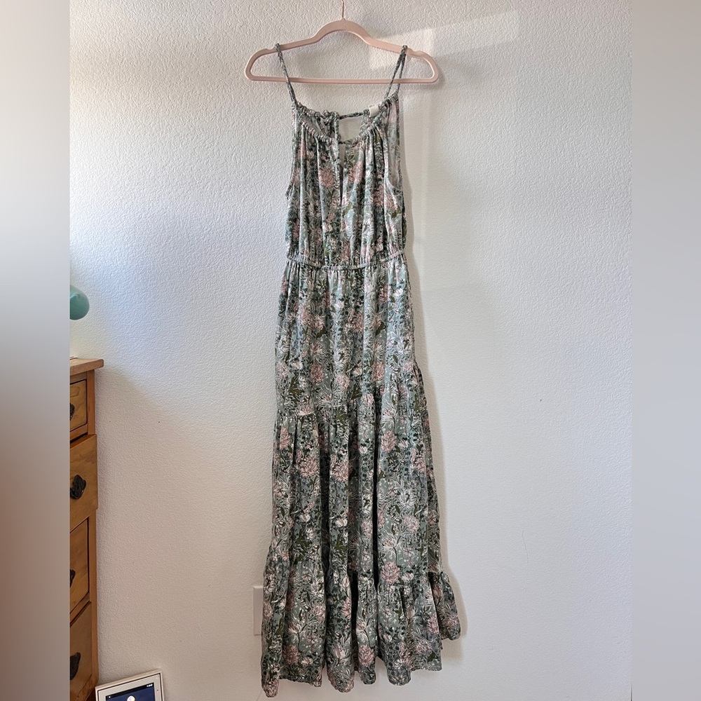 Joie Floral Pastel Green Pink Linen Blend Tiered Sleeveless Maxi Dress Small